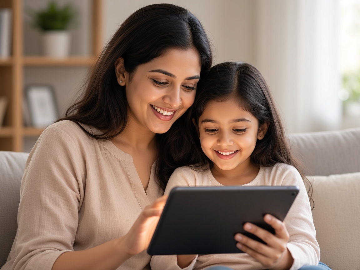 Parent and child learning together on a tablet