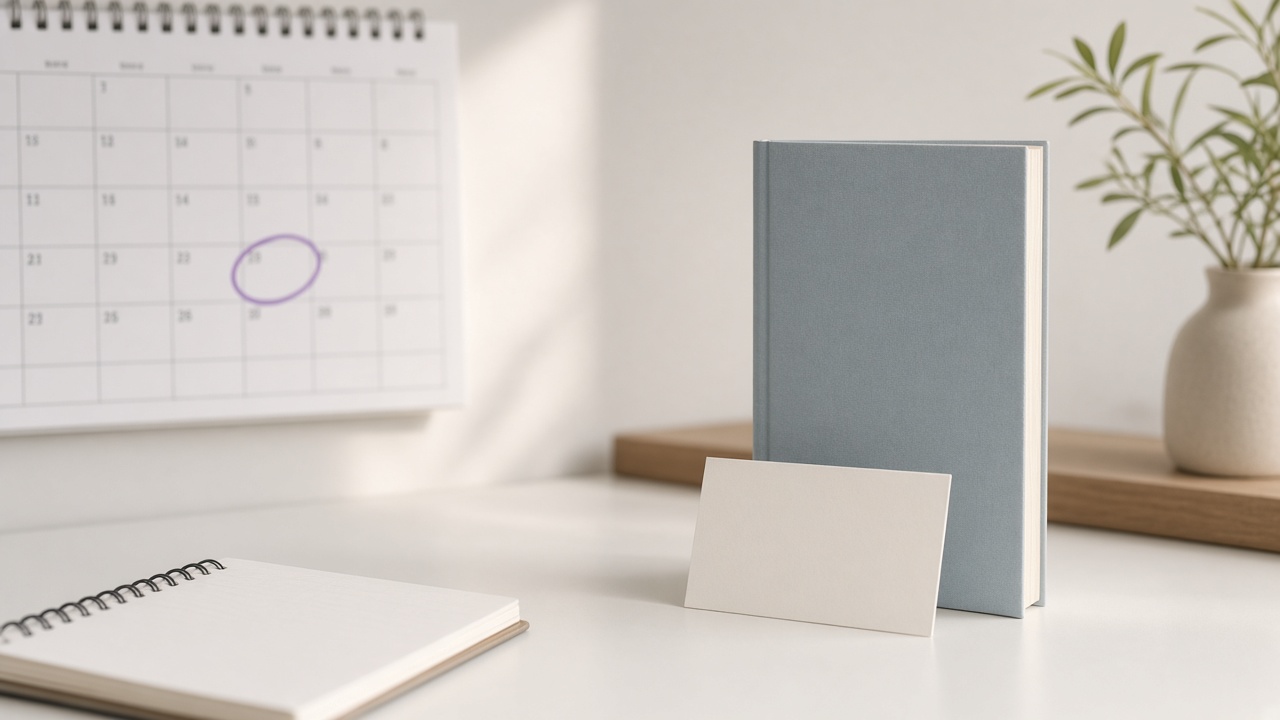 A calendar with one exam date circled, beside a course book
