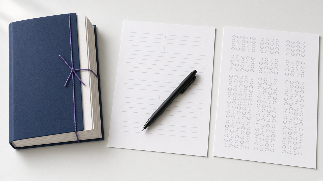 Three exam formats: a bound booklet, a written paper, and a multiple-choice sheet