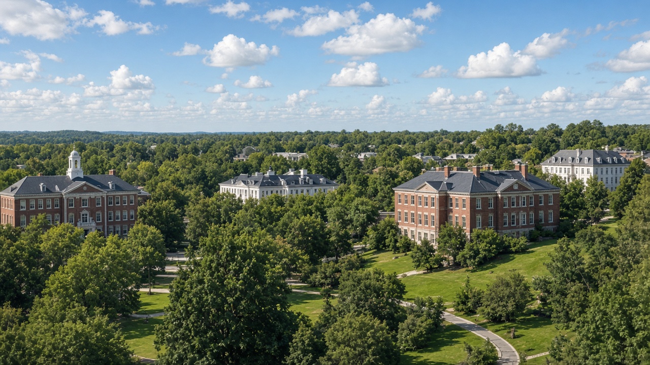 Several school campuses spread across one green landscape