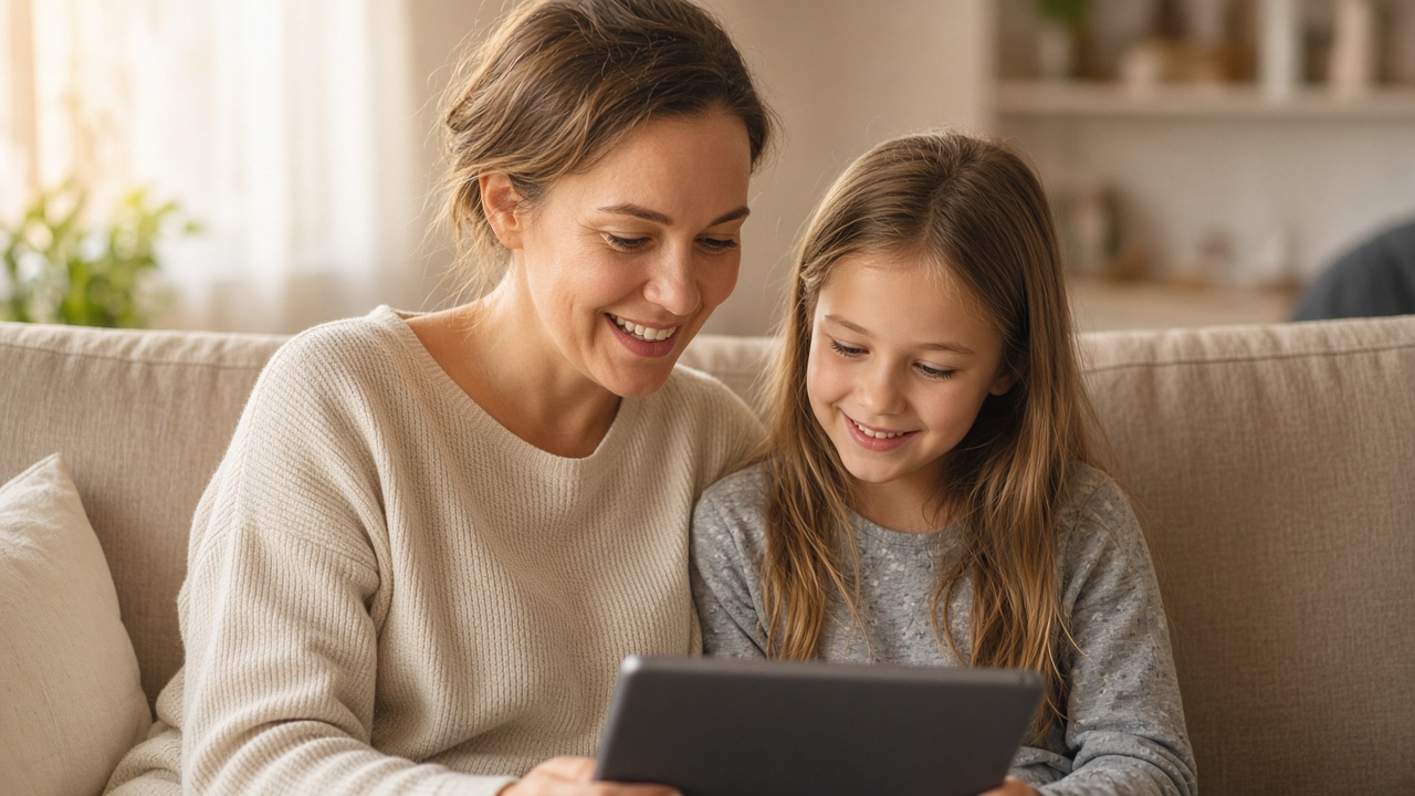 A parent and her child looking at a tablet together