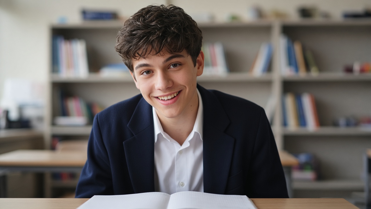 A student in school uniform sitting at a desk