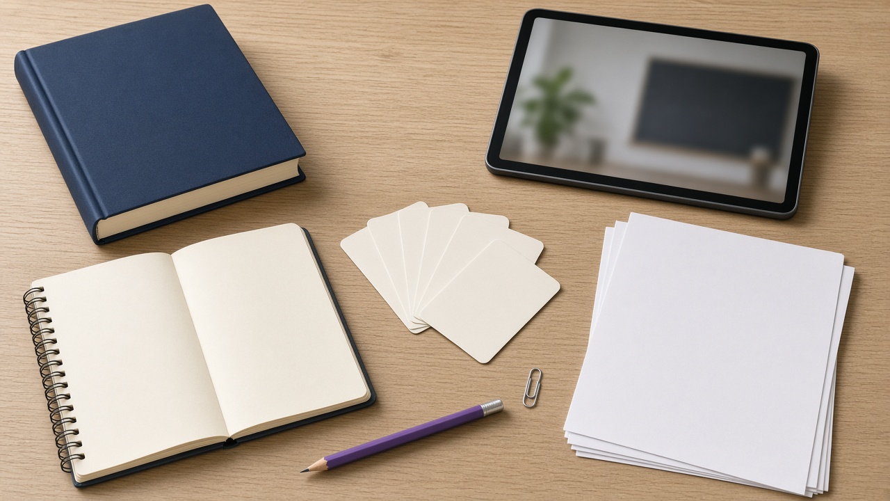 One subject laid out together: textbook, notes, flashcards, papers, and a lesson on a tablet