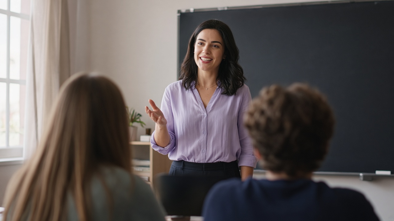 A teacher speaking to her class in front of the blackboard