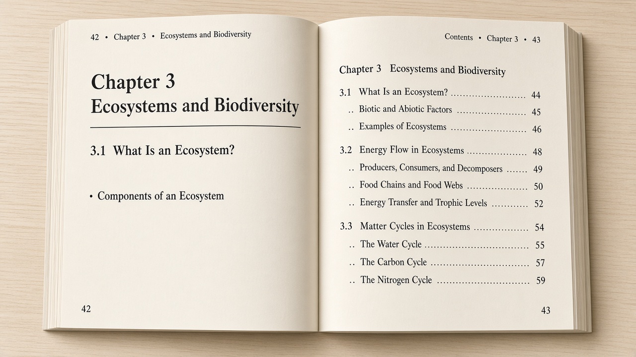 An open textbook showing a chapter, then a topic, then a subtopic
